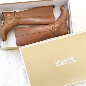 Michael Kors Arley Flat Tan Brown Riding Gold Boot